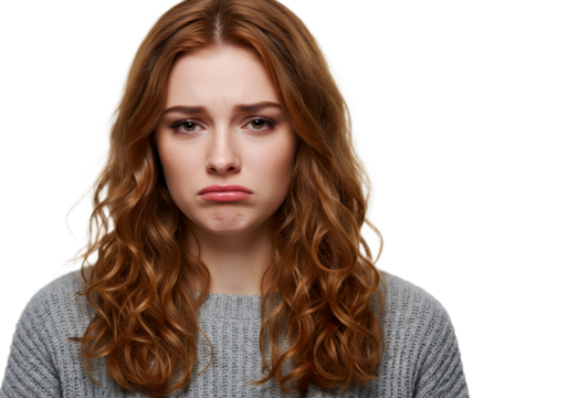 Sad young woman with curly red hair looking directly at the camera with a disappointed expression