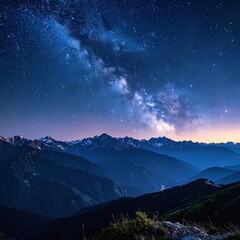 A mesmerizing view of the Milky Way over a mountain range under a starlit sky, with soft illumination at the horizon