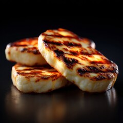 Close-up of three grilled cheese pieces with golden brown crust and melted cheese on a dark background, emphasizing the texture and delicious appeal of the snack