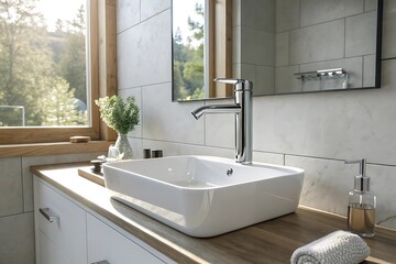 A modern bathroom featuring a square sink, chrome faucet, and minimalist decor with natural light coming in