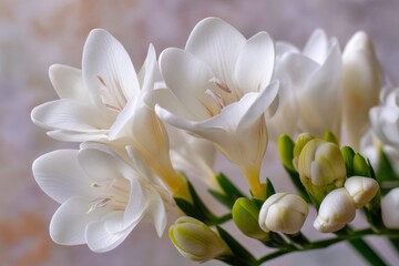 Fototapeta premium Delicate white freesia flowers in full bloom with green buds, captured in soft natural light against a blurred background