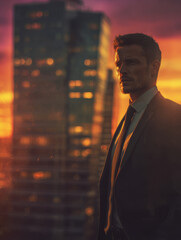 A man stands against the backdrop of a city during sunset.
