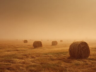 Moody field with scattered hay bales veiled in dense amber-colored mist
