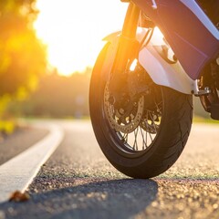 A motorcycle's front tire and a road bathed in golden light, curving away into the distance with trees on the horizon