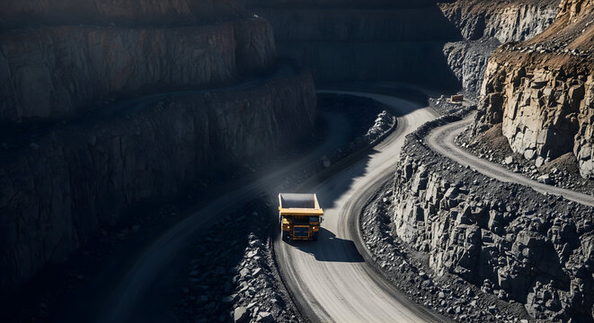 Massive yellow dump truck navigates dusty road in vast open-pit mine