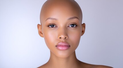 Captivating Portrait of a Bald Young Woman with Radiant Skin and Expressive Eyes