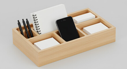 Wooden desk organizer with stationery and phone, showcasing a tidy workspace, ideal for office and productivity themes