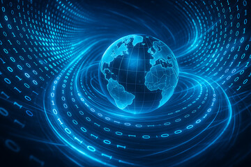 Obraz premium Binary Code Data Streams Surrounding Glowing Digital Earth in Cyberspace Tunnel