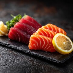 Fresh sashimi assortment featu slices of tuna and salmon with lemon wedge on a dark rustic surface, gourmet seafood dish for healthy eating and fine dining