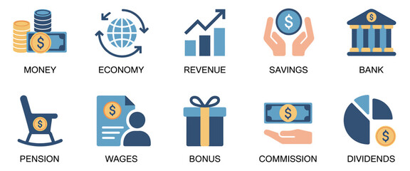 Financial Icons Set Money, Economy, Revenue, Savings, Bank, and More.