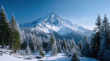 Snow Capped Mountain Peak with Evergreen Trees Under a Bright Blue Sky in Winter Landscape Scenery
