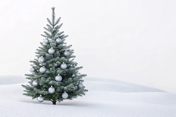 Decorated Christmas tree with silver ornaments against soft white background, elegant holiday display