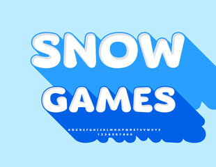 Vector Winter template Snow Games. White Font Big Blue Shadow. Creative 3D Alphabet Letters and Numbers set