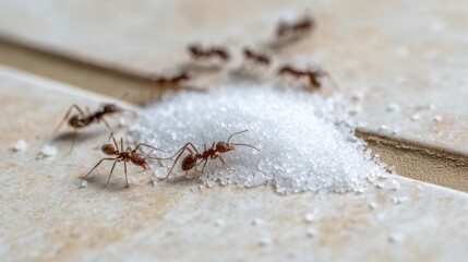 Ants Gathering Around Sugar Granules on a Kitchen Floor Surface in Close-Up View