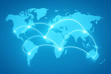 Bright glowing flat world map with intercontinental arcs representing global networking