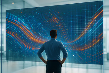 Business executive observing flowing big data visualization on transparent digital screen