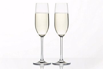 Fototapeta premium Two elegant champagne flutes filled with sparkling golden wine against clean white background, perfect for celebrations and toasts.