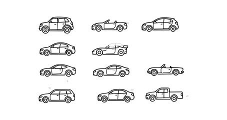 Collection of Various Car Vector Illustrations, Set of Different Automobile Designs, Modern Vehicle Icons, Classic and Sports Car Graphics, Editable Transport Silhouettes for Branding 