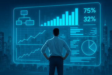 Business executive reviewing holographic night view dashboard with analytics trends