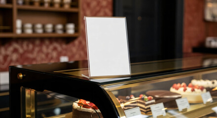 Blank White Sign in Cafe Display Case with Delicious Cakes Mockup for Menu Specials or Pricing