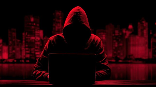 A hooded figure using a laptop in a dark, red-lit cityscape, symbolizing cybercrime or hacking activity