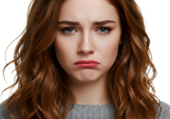 Close-up of a young woman with wavy red hair and a sad or worried expression on a white background