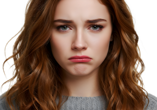 Close-up of a young woman with wavy red hair and a sad or worried expression on a white background
