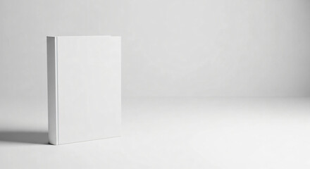 Blank White Book Cover Standing Tall in Minimalist Studio Setting with Soft Light