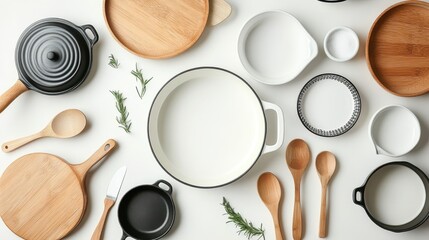 Elegant Arrangement of Cookware and Utensils on White Background