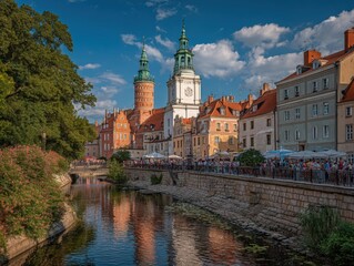 Fototapeta premium A lively riverside scene with historic European buildings, church towers, and a crowd enjoying a sunny day under a blue sky