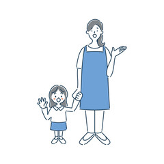 案内している女性保育士と女の子の園児のシンプルな線画イラスト素材
