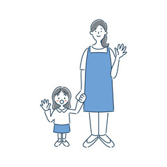 笑顔で手を振る女性保育士と女の子の園児のシンプルな線画イラスト素材