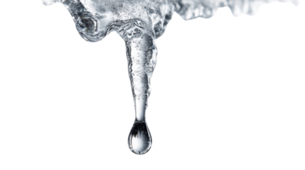 Melting icicle tip with a droplet on white background