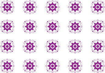 Seamless pattern of purple gear icons on a white background, representing industry and mechanics