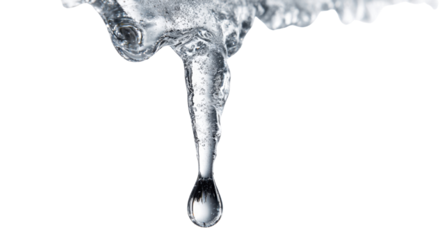 Melting icicle tip with a droplet on white background