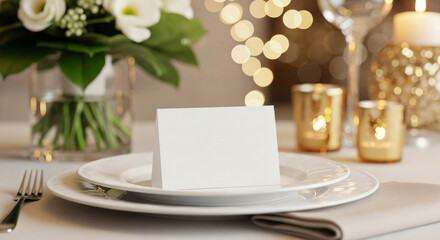 Elegant Table Setting with Place Card for Wedding Party or Special Event Copy Space