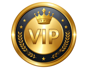 Elegant Round Gold VIP Badge with Crown, Front View, Vector Isolated