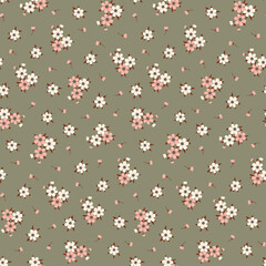 Simple cute pattern in small white and pink flowers on light gray background. Liberty style. Ditsy print. Floral seamless background. The elegant the template for fashion prints