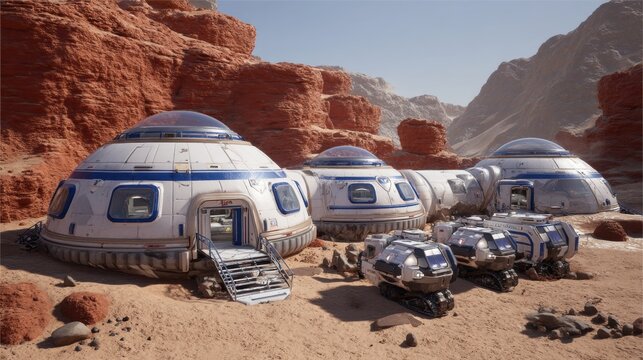 Futuristic domed habitats and rovers are set up on a rocky, red planet landscape under a clear sky