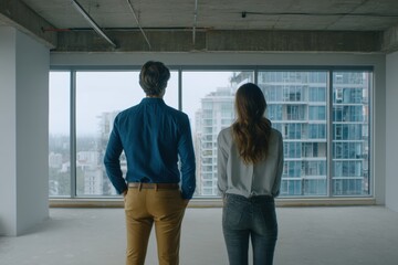 A man and woman stand in an empty room, looking out large windows at modern city buildings, suggesting new beginnings or property decisions