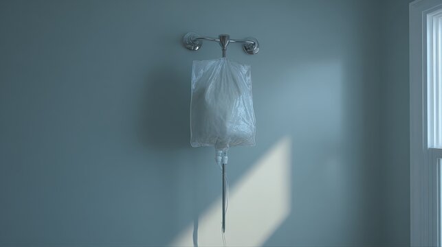 Medical IV Stand in Hospital Room with Soft Light and Wall Shadows