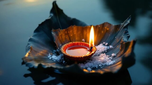 Vibrant dev deepavali celebration a sacred diya lamp illuminating the tranquil waters of a holy city symbolizing light and devotion