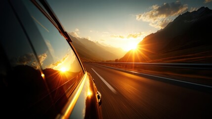 Obraz premium A car drives along a scenic mountain road at sunset, with sunlight reflecting off the vehicle and the highway stretching ahead