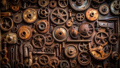 Rusty gears and cogs on metal wall  Steampunk background.