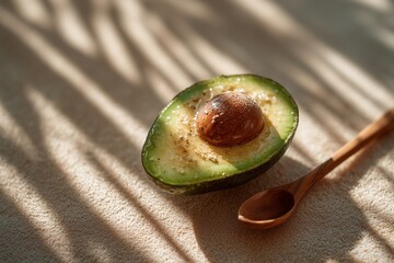 Half avocado on the beach with spoon