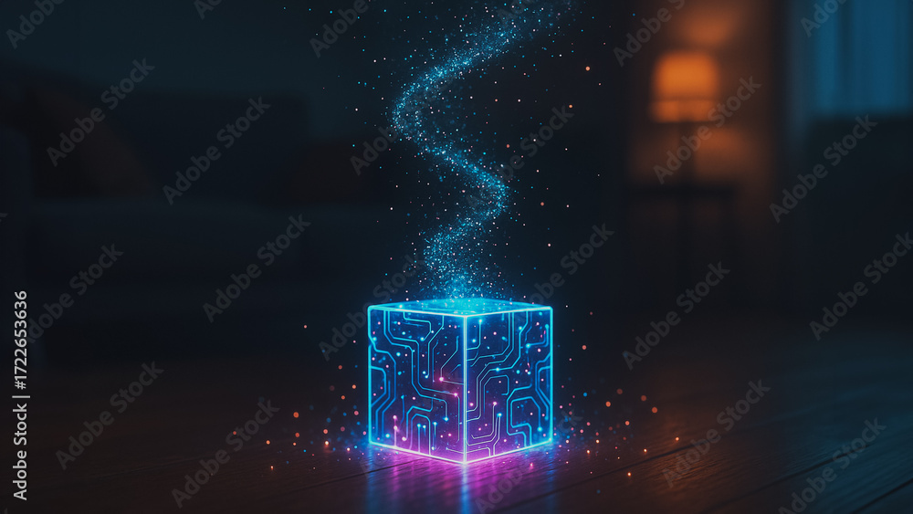 Poster a futuristic luminous cube, radiating with intricate circuits and glowing energy, floats in a darken