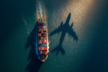 Aerial view of cargo ship with airplane shadow