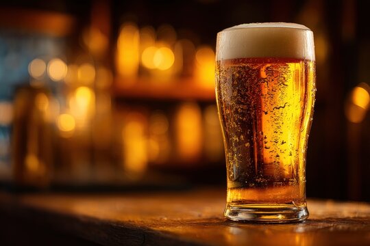 A cold pint of beer with a foamy head sits on a wooden bar, illuminated by warm, ambient lighting in a cozy setting - Powered by Adobe