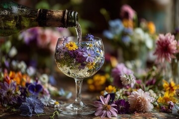 Pouring wildflowers into wine glasses