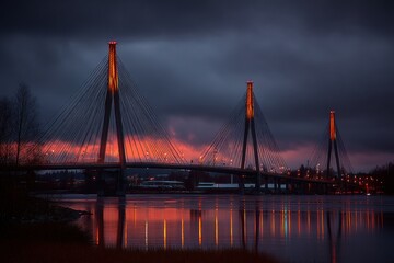 Fototapeta premium A cable-stayed bridge illuminated at dusk, reflecting vibrant orange and red lights on a calm river under dramatic, cloudy skies